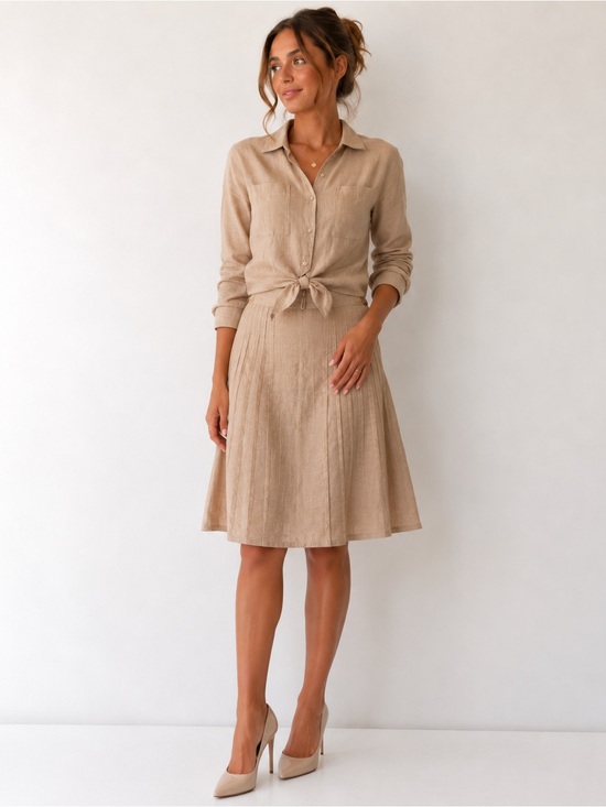 Think Tank Dresses & Skirts - Think Tank Beige Pleated A-Line Midi Skirt Size 6 embroidery Sunburst style